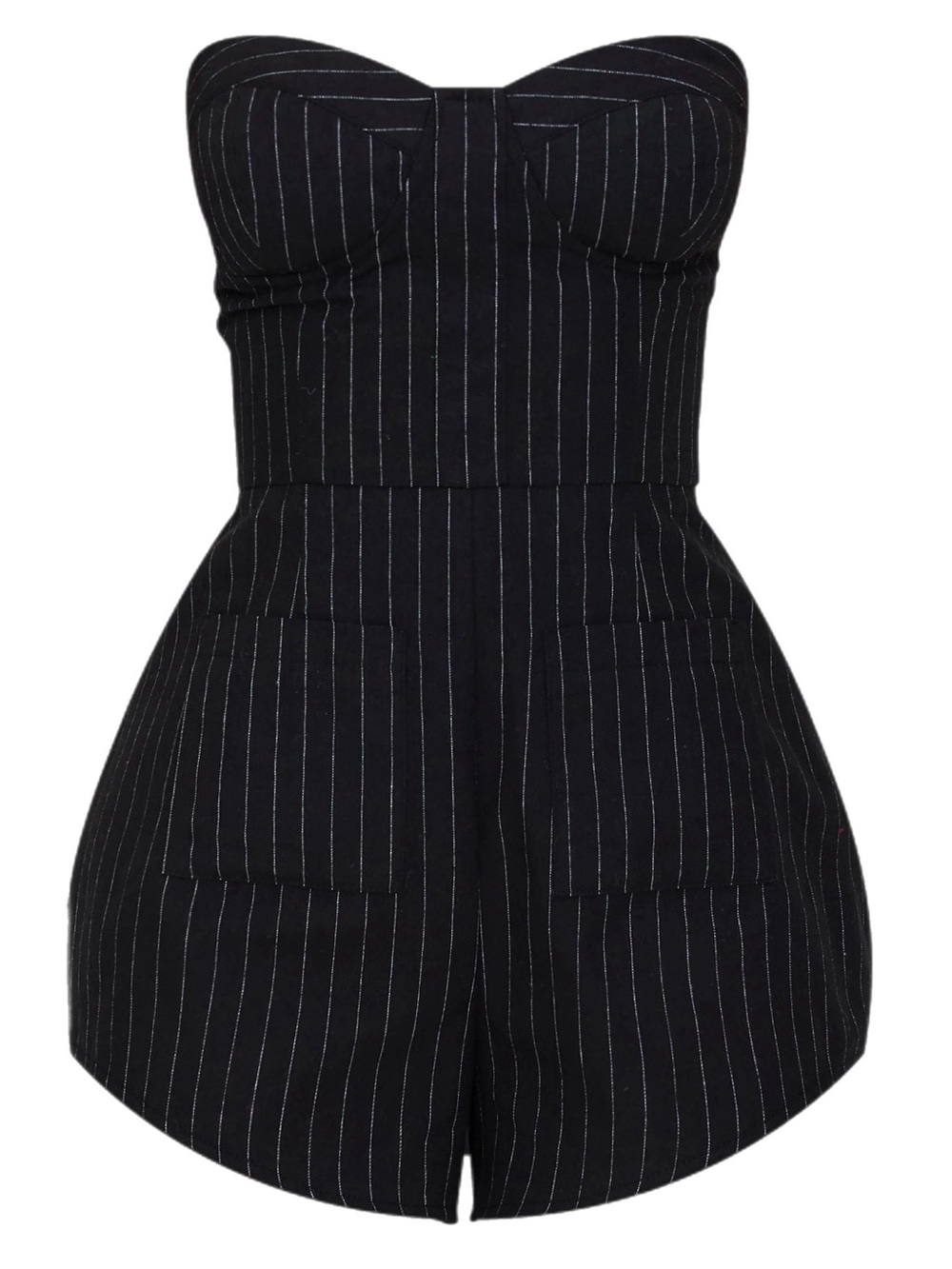 PrettyLittleThing Black Pinstripe Strapless Romper